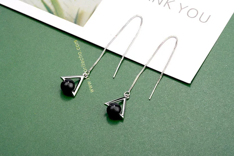 Beautiful Triangle Geometric 925 Sterling Silver Jewelry Long Exaggerated Natural Black Crystal Tassel Dangle Earrings For Women