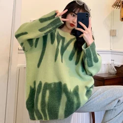 Maglione oversize Pullover verde donna maglione lavorato a maglia top allentati inverno o-collo Harajuku Sueter Mujer pull Tie Dye capispalla