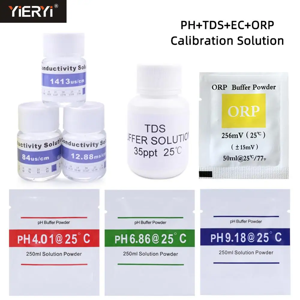 

PH&ORP calibration powder buffer powder 25ml 84us/cm 1413us/cm 12.88ms/cm 35PPT 1382 TDS calibration solution for EC TDS tester