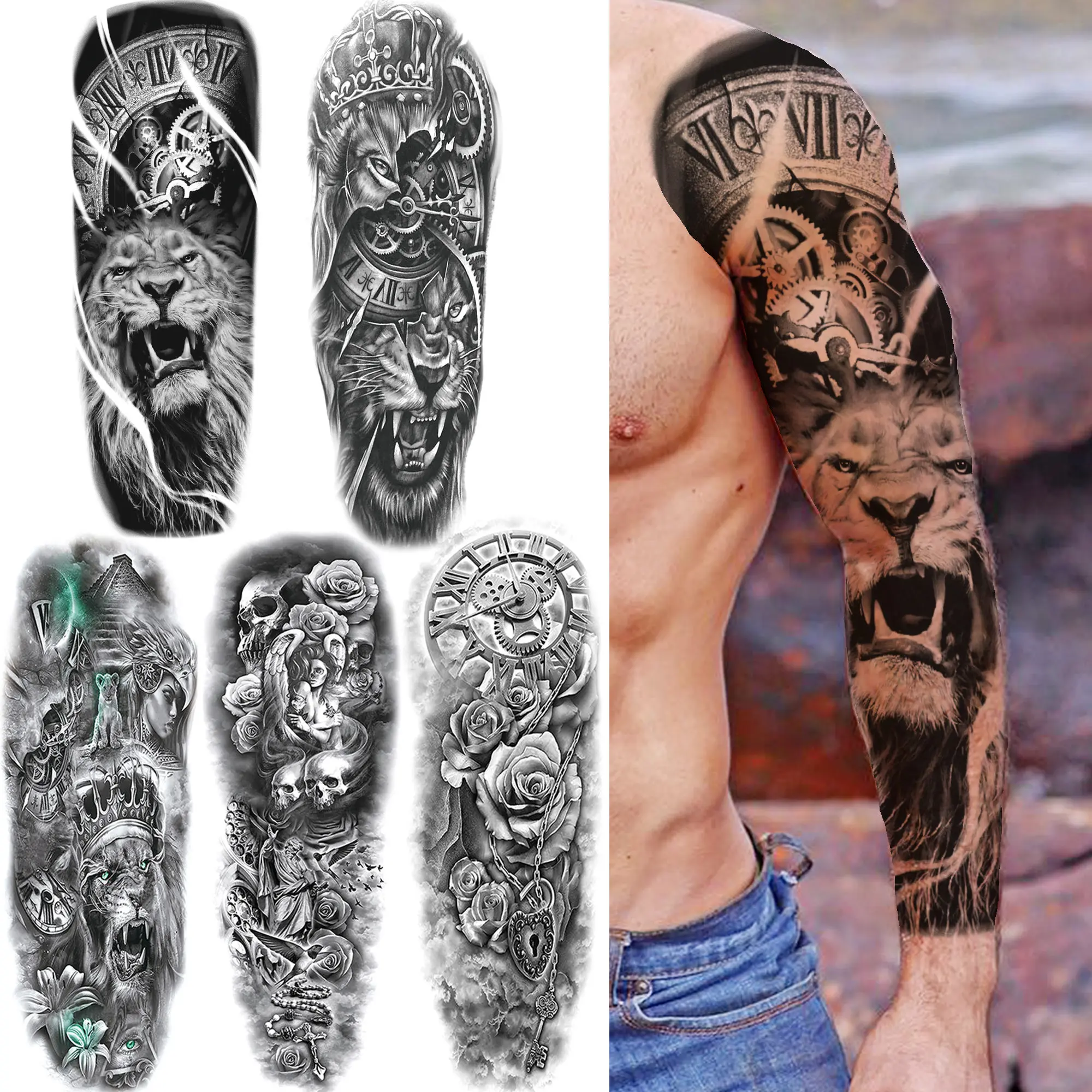 Realistic Lion Compass Temporary Tattoo Sleeve For Men Women Adult Warrior Flower Tattoos Sticker Fake Black Skull Tatoos Kids