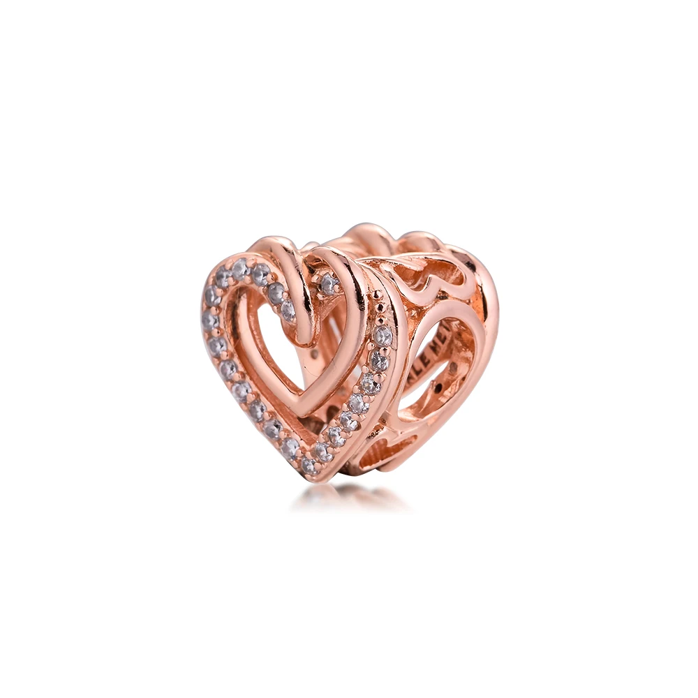 

Valentine's Day Sparkling Entwined Hearts Charm Rose Gold Jewelry Fits Original Charm Bracelet & Necklace Woman DIY Bead