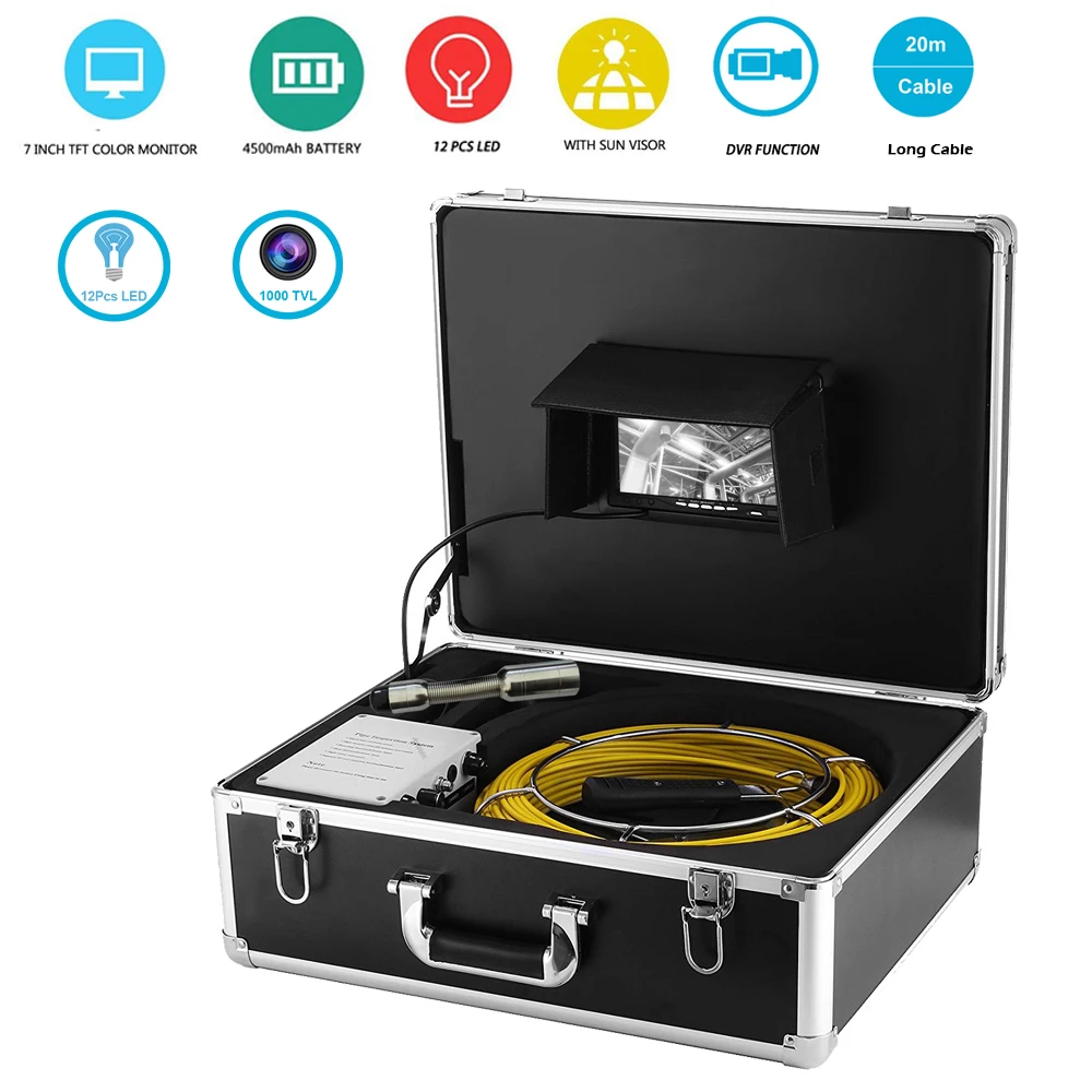 

7inch LCD 1000TVL 23mm Sewer Camera 20m Cable Pipe Drain Inspection Industrial Endoscope System Support DVR Video Recording