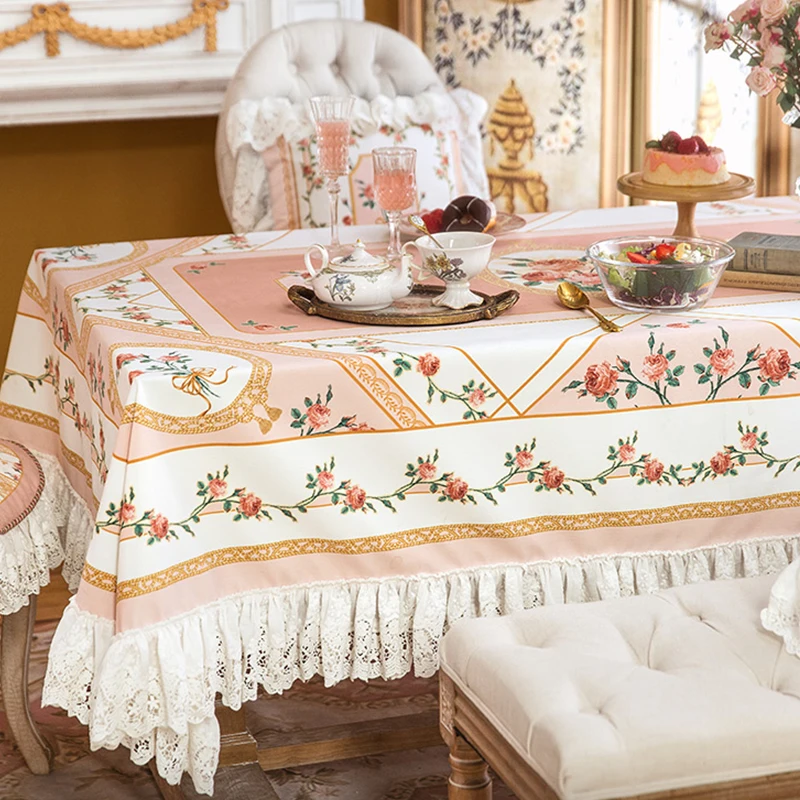 Rose Print Tablecloth Party Wedding Decoration Lace Tassel Coffee Table Cover European Pastoral Rectangular Dining Tablecloth