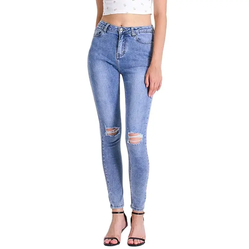 

Casual Flexibility Skinny Middle Waist Jeans for Women Hole Light Blue Slim Elastic Pencil Jeans for Girls