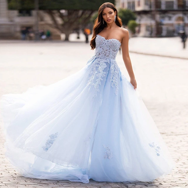 A Line Sky Blue Wedding Dresses Off Shoulder Sweetheart Beaded Lace Appliques High Split Tulle Boho Wedding Gowns