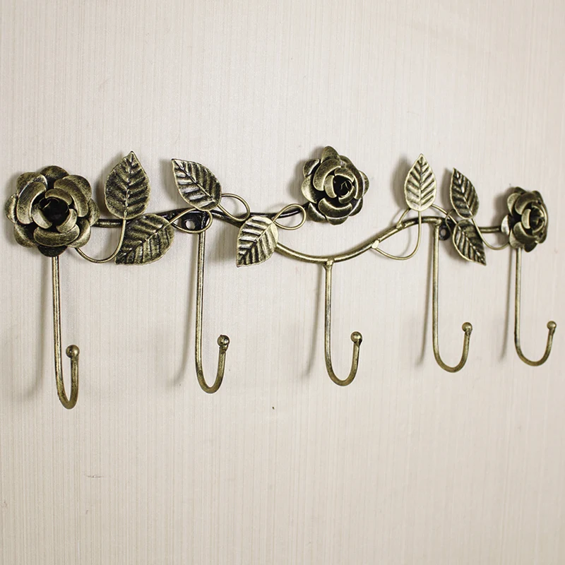 European-style Iron Rose Design Decorative Wall Hook Wall-mounted Coat Hanger Storage Rack Key Holder Organizer Home Decor