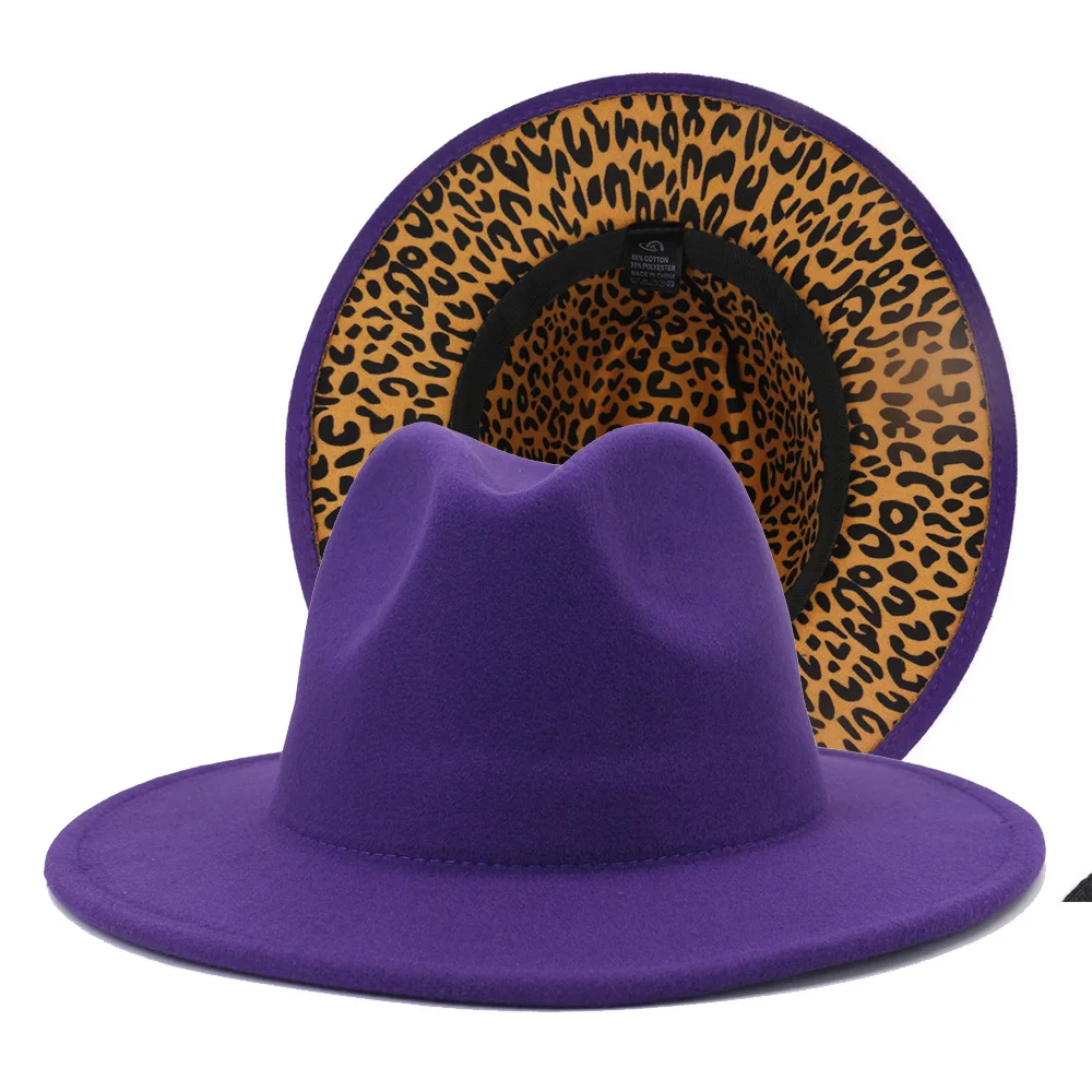 New Purple and Leopard Print Patchwork Dresses Cowboy Jazz Fedora Hats Big Brim Women Men Panama 2 Tone Gambler Party Hat