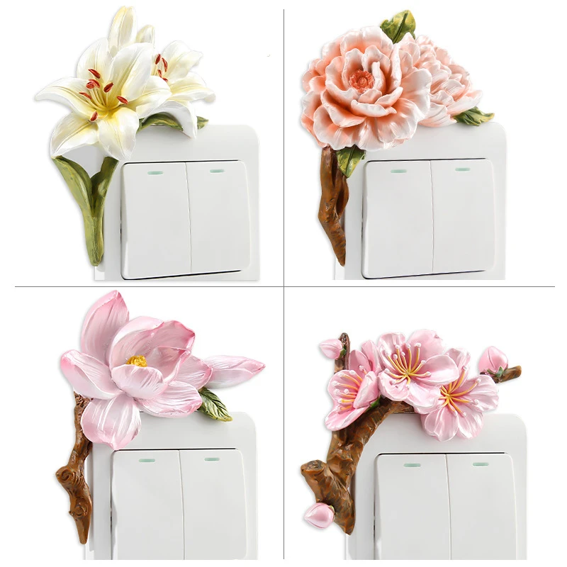 

3D Switch Stickers Resin Flower Statue Decoration for Home Office Shop Household Wall Socket Panel Decor Cover Autocollant Mural