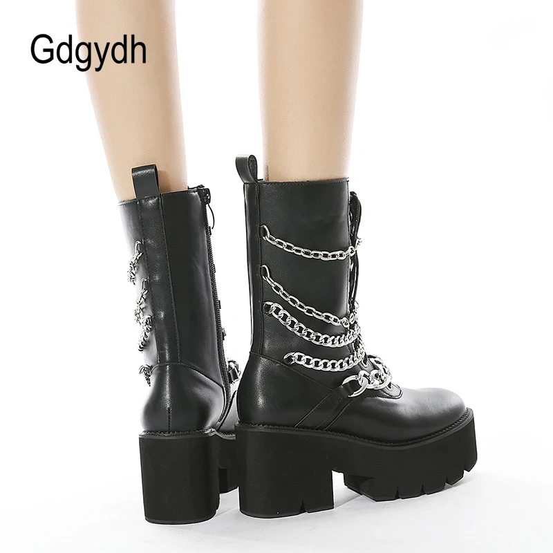 Gdgydh Goth Mid Calf Boots Platform Lace Up Metal Chains Women Motorcycle Boots Chunky Heel Punk Gothic Shoes Black Waterproof