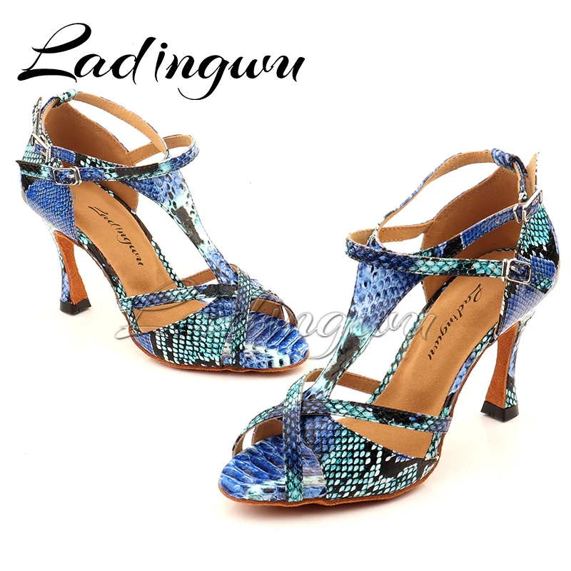 Ladingwu Dance Shoes Latin Women Salsa Dance Shoes Blue Snake Pattern Girls Party Performance Professional Dance Shoes Ballroom