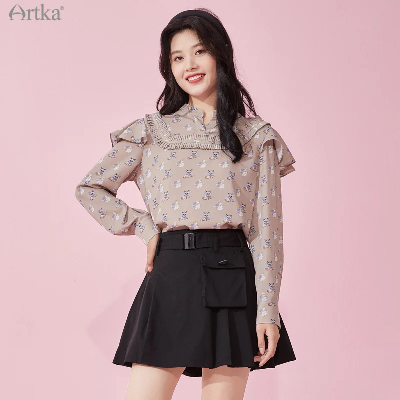 ARTKA 2021 Spring New Women Blouse Elegant Cat Print O-Neck Chiffon Shirt Ruffles Long Sleeve Loose Soft Shirts Women SA22110C