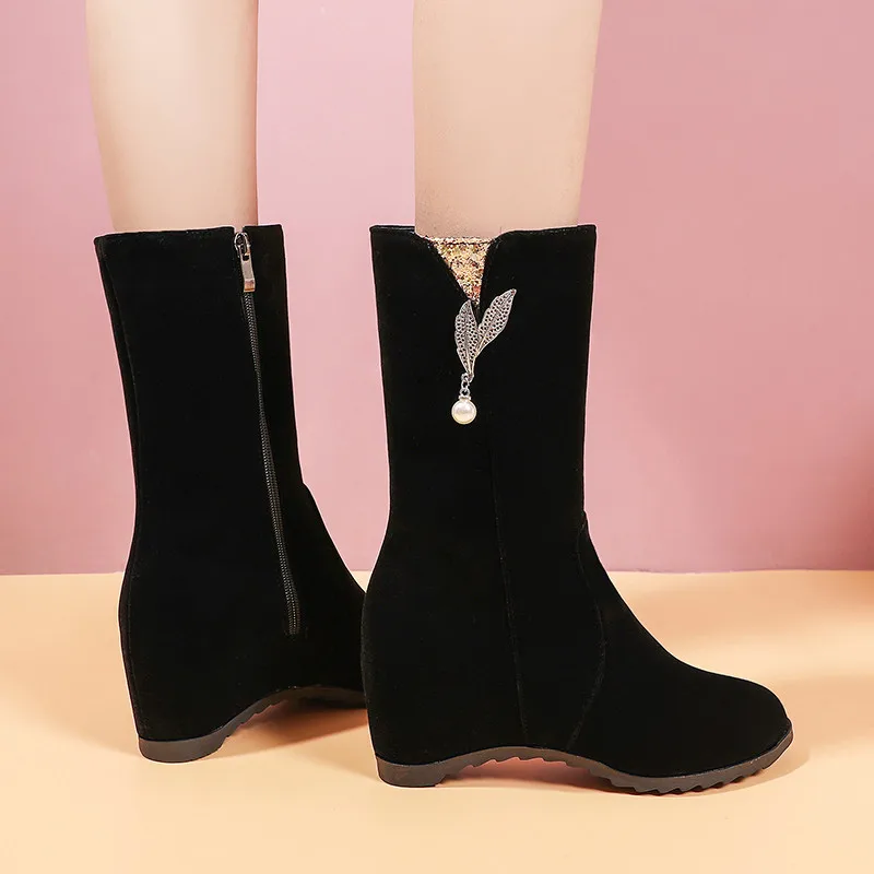 

YMECHIC Concise Pearl Wedges Ankle Boots Internal Increase Wedges Side Zipper Party Botas 2021 Winter Black Red Shoes Size 34-43