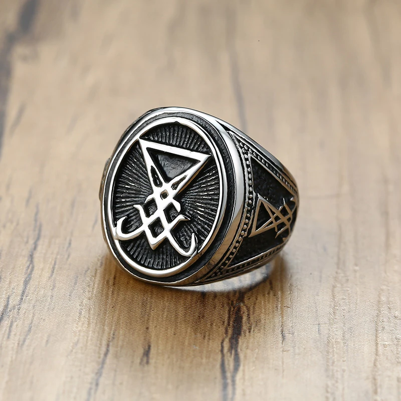 Vantage silver color Signet Sigil Of Lucifer Ring For Men Seal Of Satan Occult Male Jewelry