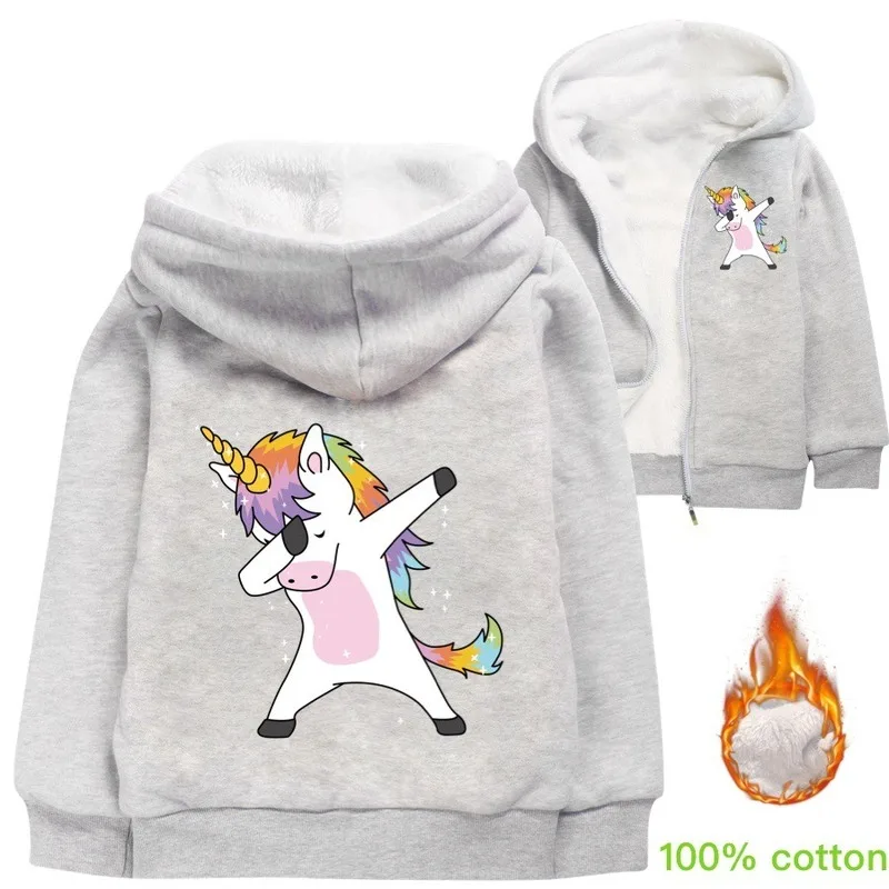 Chaqueta gruesa con cremallera para niña, cárdigan con capucha de unicornio para niño, disfraces gruesos de algodón con dibujos animados de Coral para primavera e invierno