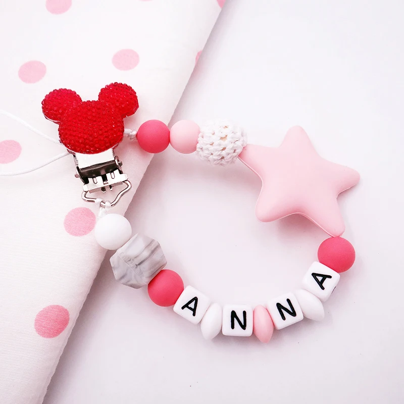 Handmade Personalize Name Cute Mouse Head Style Pacifier Clips Leashes Silicone Dummy Holder Chain Safe Teether Baby Shower Gift