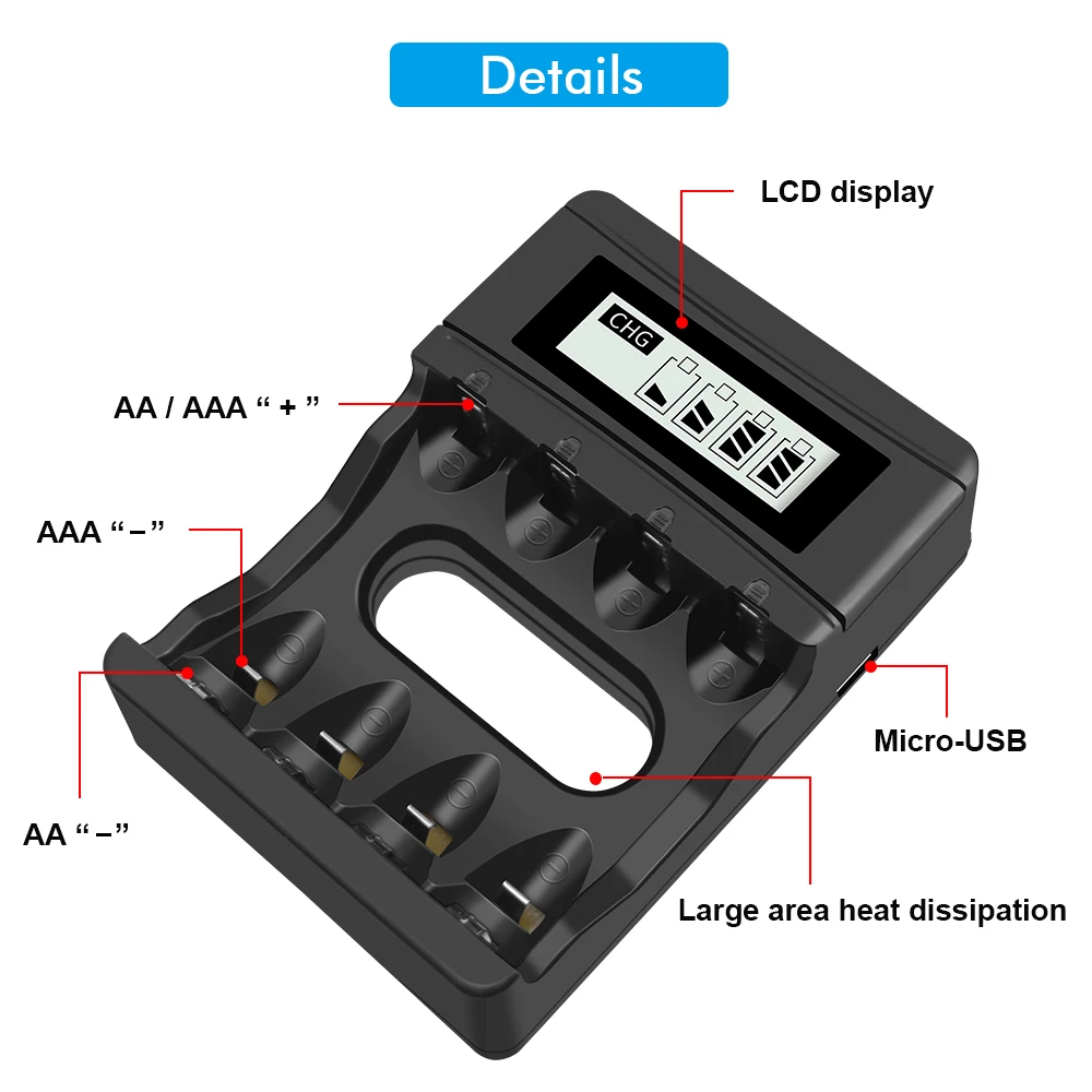 CITYORK 4-8 slot Battery Charger with LCD Indicator Smart Quick 1.5V Charger for 1.5V AA/AAA Lithium Li-ion Rechargeable Battery