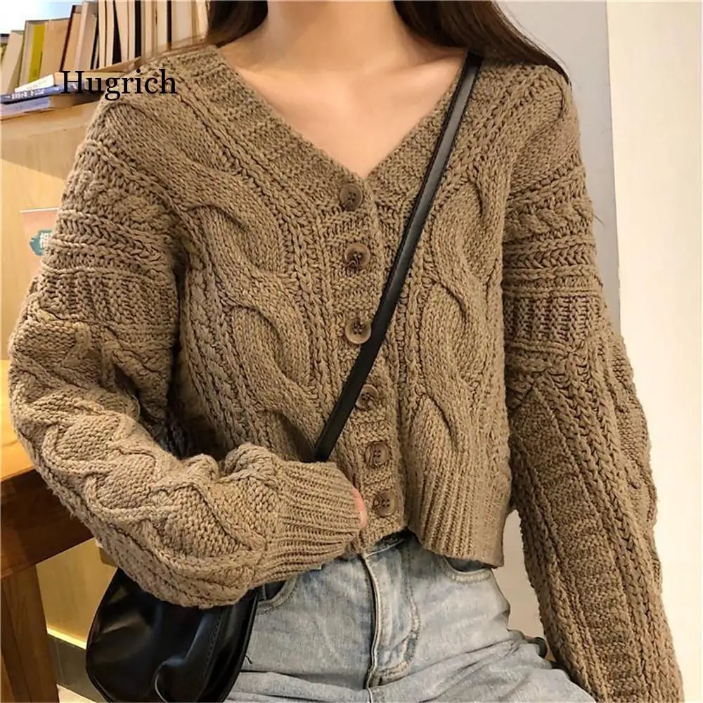 Women Sweater Spring Autumn V-Neck Long Sleeve Black Short Knitted Jacket Solid Simple Warm Cardigan Femme  Jumper