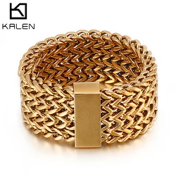 KALEN 15mm New Stainless Steel Link Chain Ring High Polished Dubai Gold Color Mesh Men Cool Jewelry Accessories Gifts