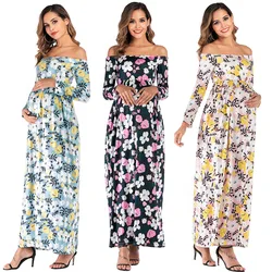 Maternity Dresses Pregnant Woman Clothes Solid Flower printed Shoudlerless Long Pregnancy Dress Summer beach dress