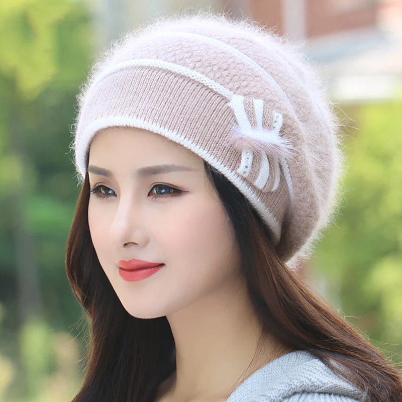 Angora Beret Women Winter Hat Knit Beanie Autumn Warm Flower Rhinestone Thick Double Layers Skiing Outdoor Accessory For Lady