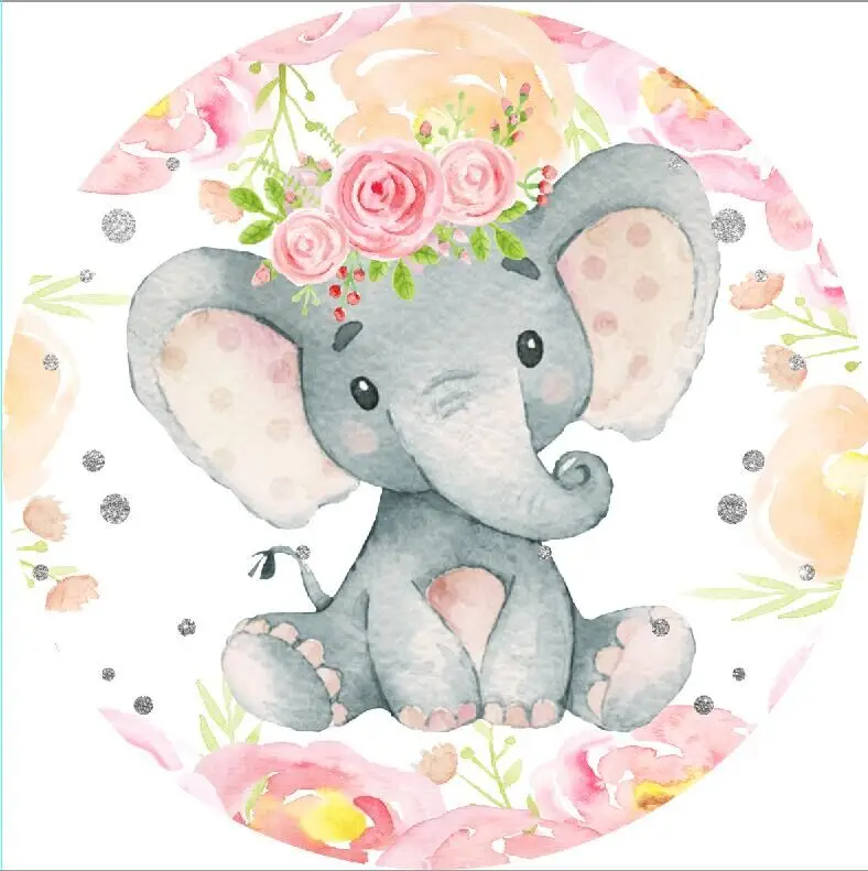 

8x8FT / 6.5x6.5FT Pink Girl Elephant Baby Shower Flower Custom Round Circular Table Cover Wrinkle Free Washable Polyester Fabric