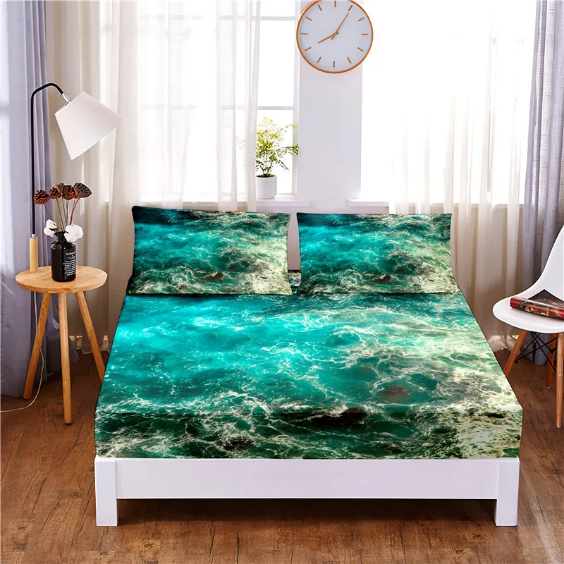 

Seawater Digital Printed 3pc Polyester Fitted Sheet Mattress Cover Four Corners with Elastic Band Bed Sheet Pillowcases