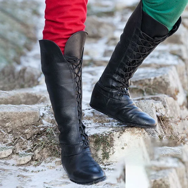 Medievale retrò da donna principessa uomo principe cavaliere Cosplay stivaletti corti in pelle gotica festa di carnevale scarpe con fasciatura a tubo alto