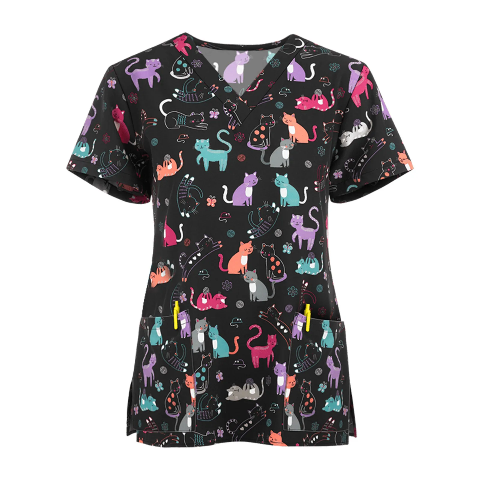 Cute Cartoon Print Women Nursing Scrubs Tops Working Uniform Blouse Short Sleeve V-neck Working Uniform Shirts Nurse Accessories