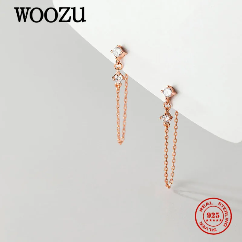 WOOZU Genuine 925 Sterling Silver Punk Chain Zircon Tassel Stud Earring For Women Party Girl Korean Chic Sweet Jewelry Gift 2021