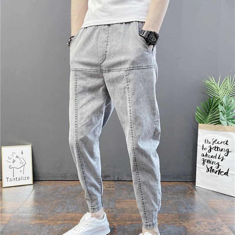 

Autumn thin 2021 fashion teenager denim jeans solid color slim-fit pants trendy slim-fit harem pants men's trousers