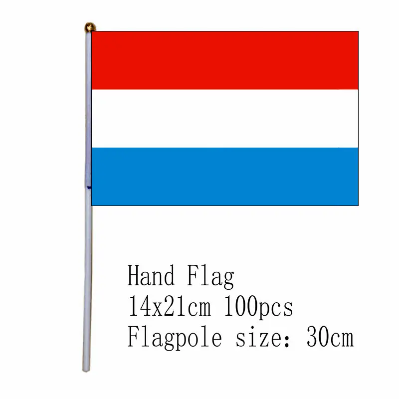 

zwjflagshow Luxembourg Hand Flag 14*21cm 100pcs polyester Luxembourg Small Hand waving Flag with plastic flagpole for decoration