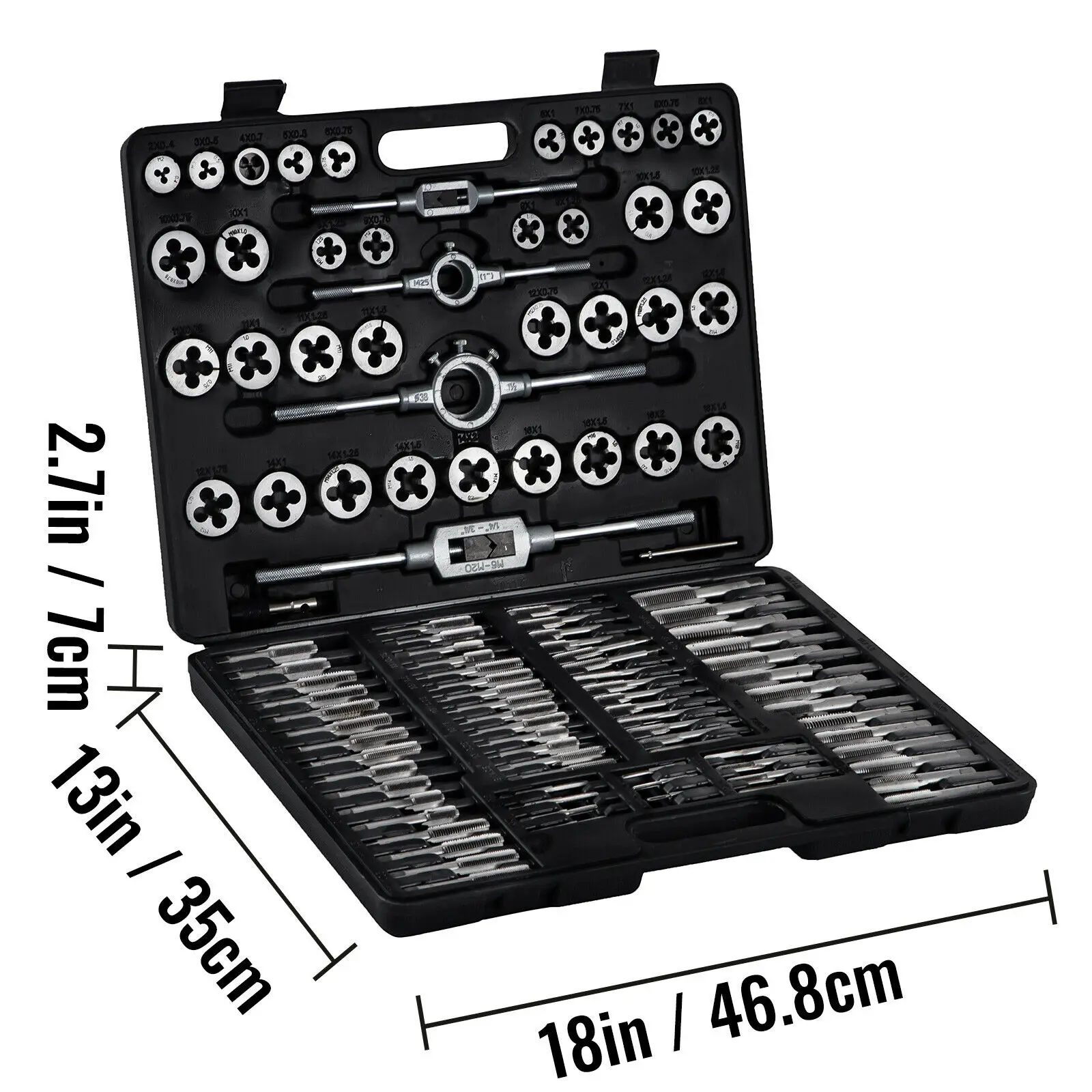 VEVOR Set di Filiere da 110 Pezzi in Acciaio al Tungsteno M2-M18 Maschi e Filiere M2-M18 con Custodia Portatile Accessori Completi e Valigetta in Plastica