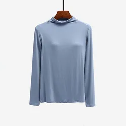 Fdfklak Half-High Collar Long-Sleeve T-Shirt Chest Pad Modal Women Free Bra Cup One-Piece Pajamas Underwear Sleep Tops M-3XL