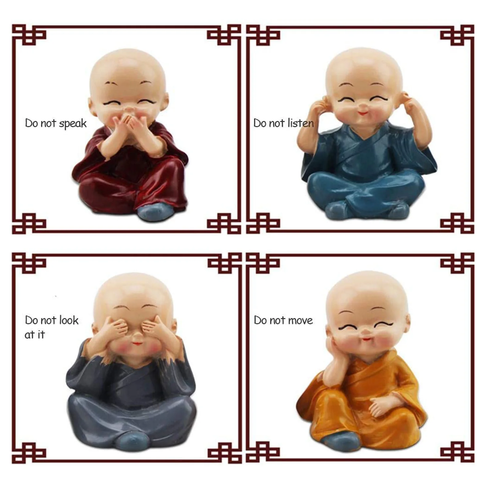 4Pcs Resin Monks Statues Little Monk Sculptures Miniature Figurine Cartoon Character Crafts Ornaments Table Car Decor Gift
