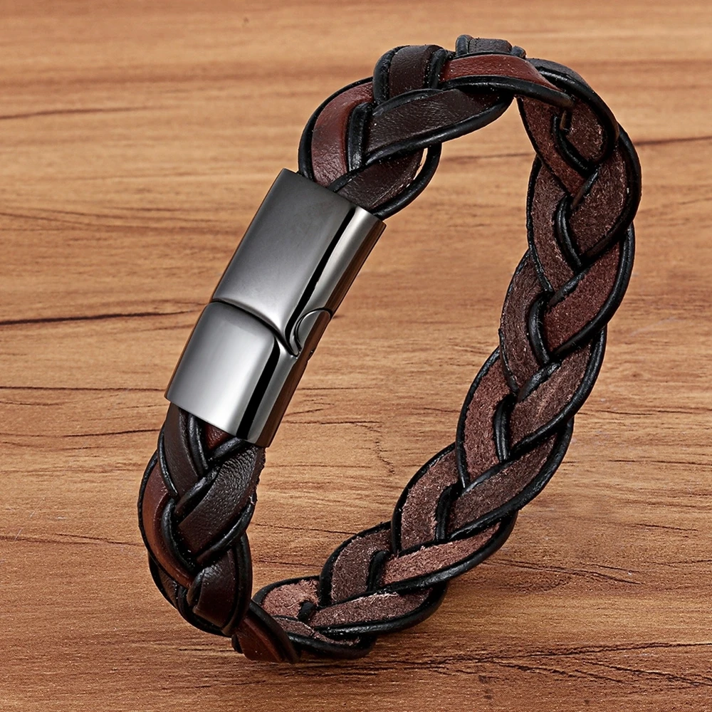 TYO New Fashion Braided Brown Leather Bracelet Men Jewelry Stainless Steel Magnetic Clasp Charm Bangles Male Wrist Band Gifts