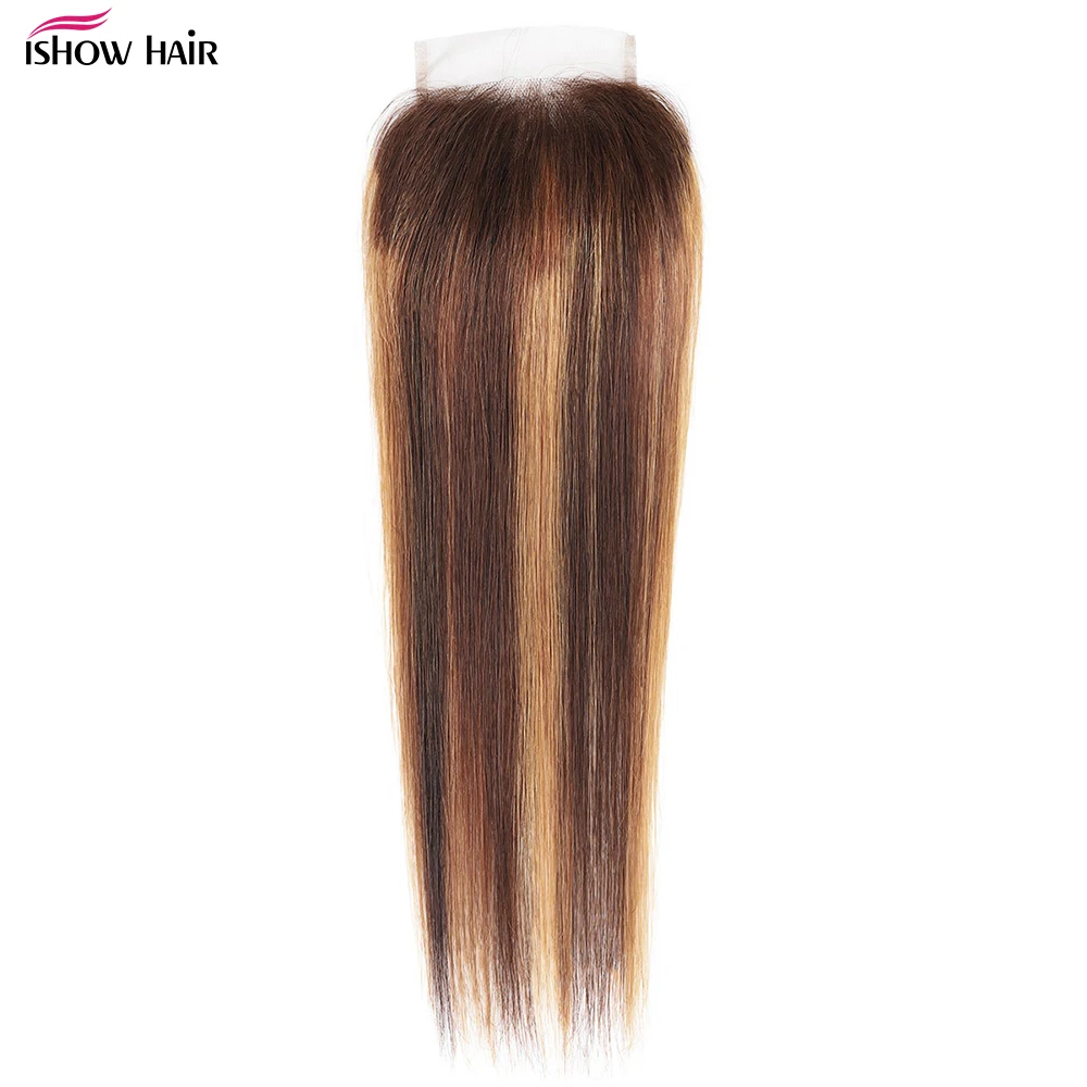 

Ishow Highlight Bone Straight Lace Closure Free Middle Three Part 4X4 Lace Closure Non-Remy Human Hair Swiss Lace Closure 1Pc