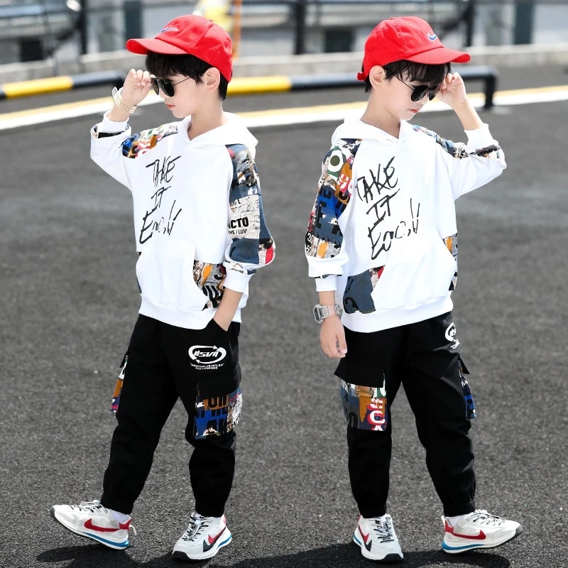 Vetement Enfant Garcon Boy Cartoon Anime Clothing Suit 2024 Teenage Children Korean Hooded Cotton Sweater + Pants Two-piece Suit