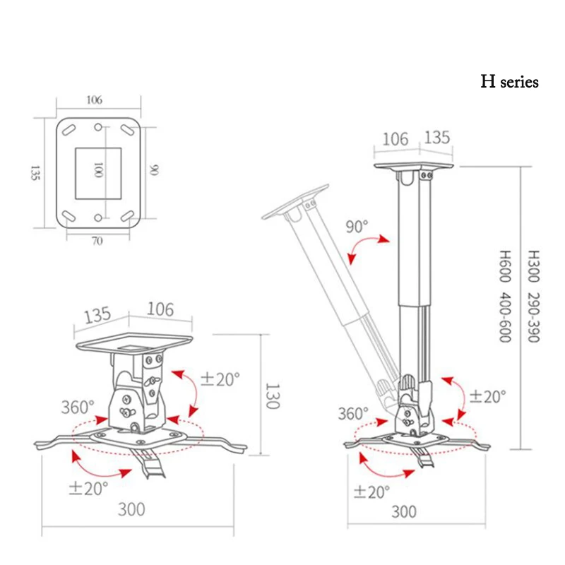 Suporte de projetor h120/h300/h600, suspensão telescópica dobrável para parede, com ventosa