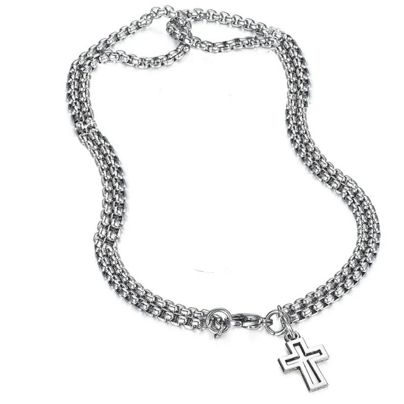 Double Strand Rolo Chain with Cross Charms necklace for Men Stainless Steel Lobster Claw Clasp Closure