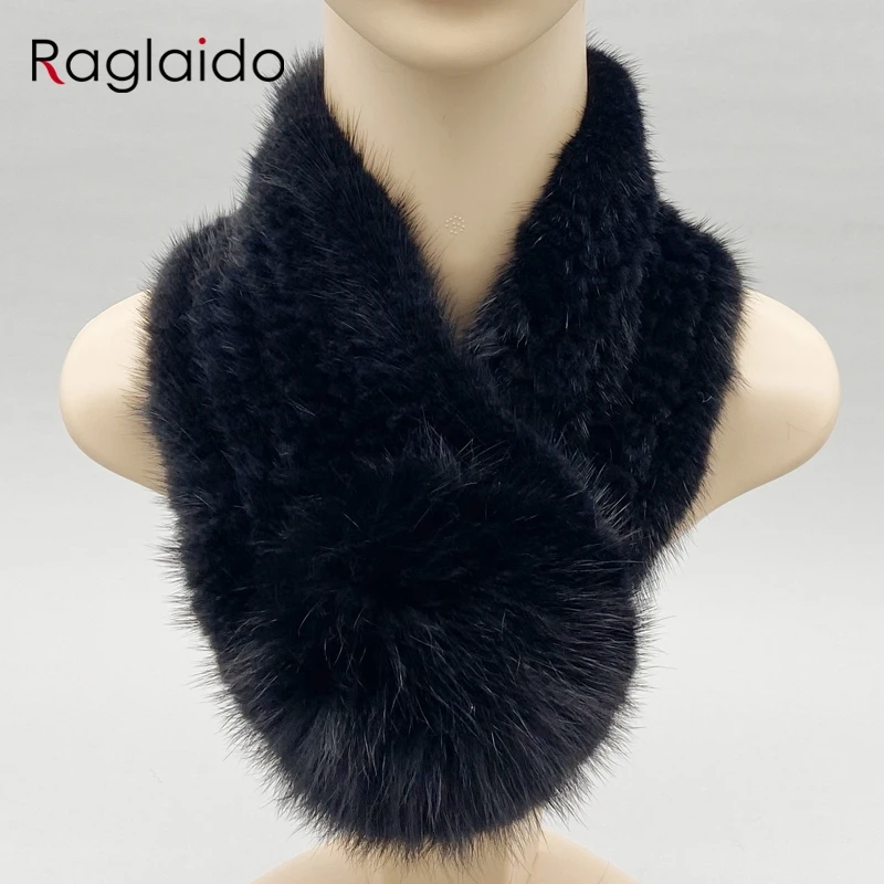 Bufanda de mujer, bufanda de piel de visón Natural, chales cálidos de invierno para mujer, calentador de cuello de punto liso con estilo, 62cm x 10cm