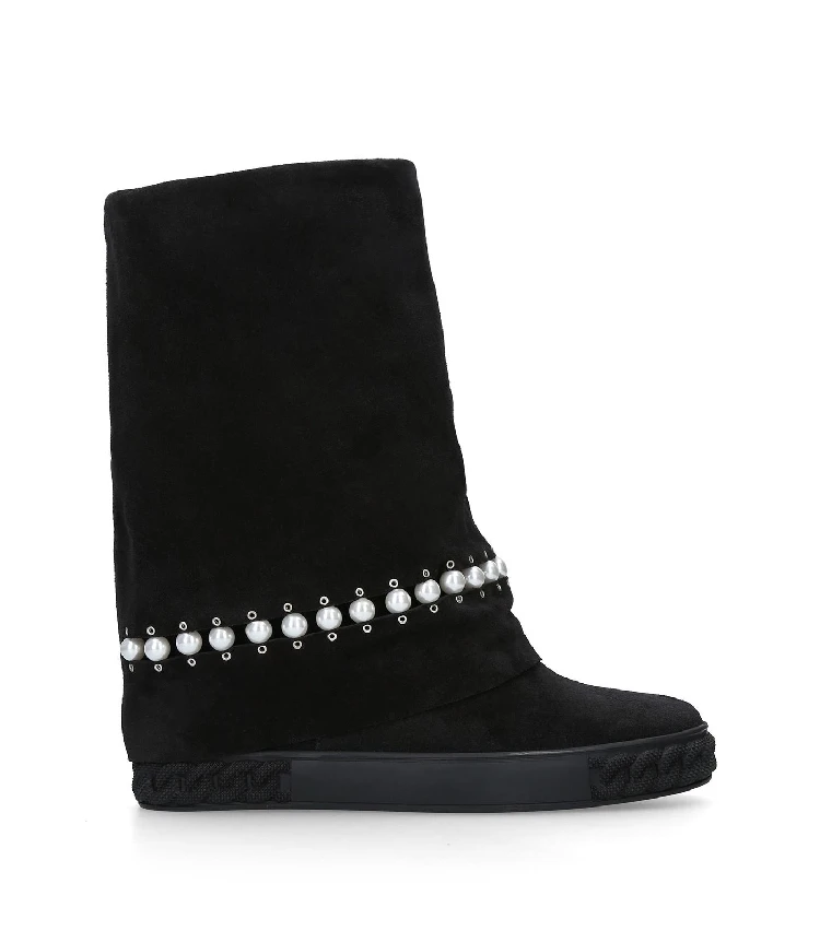 

Designer Women Beadings Pearl Studs Eylet Suede Leather inner wedge Boots Female Height Increased Zapato Slip on Mid-calf boots