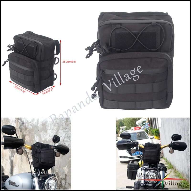 

Motorbike Black Fabric Handlebar Bag Multi-functional Molle Luggage Bag W/ Waterrepellent Zipper For Harley Honda Cafe Racer BMW