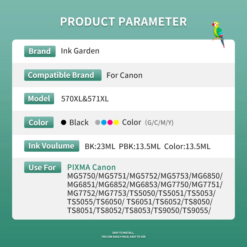 InkGarden 570 571 XL Ink Cartridge 570XL For Canon PGI-570 CLI-571 Compatible PIXMA MG5700 TS5055 TS9050 TS9055 Printer