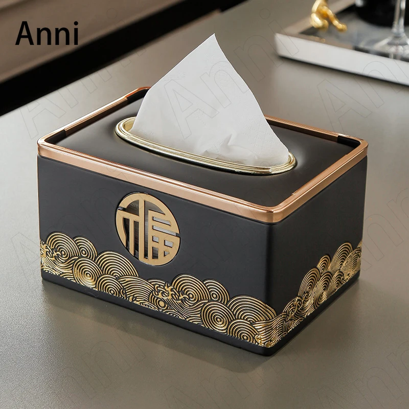 

Chinese Blessing Resin Tissue Boxes Creativity Golden Sea Wave Texture Paper Towel Organization Bedroom Living Room Decoration