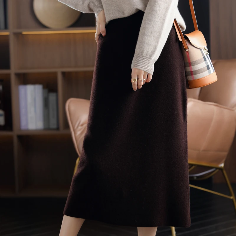 2024 Autumn Winter New 100%Pure Wool Knit Long Skirt Women Casual Thick Korean High Waist Pack Hip Cashmere Wild A-Line Skirt