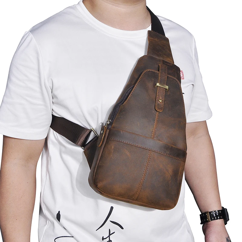 New Trend Men Crazy Horse Leather Casual Antique Triangle Chest Sling Bag 8