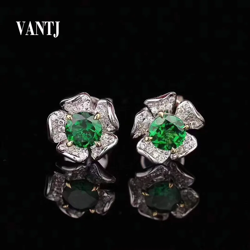 VANTJ 100% Natural Diopside Earrings Sterling 14K Gold Diamond 0.15ct for Women Lady Wedding Party Birthday Jewelry Gift