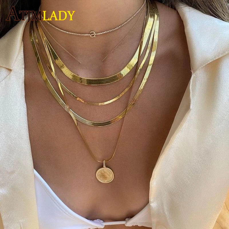 1 Piece Width 4mm/6mm/8mm Double Layers Herringbone Chain Choker Gold Color Classic Flat Snake Chain Men Women Necklace Jewelry