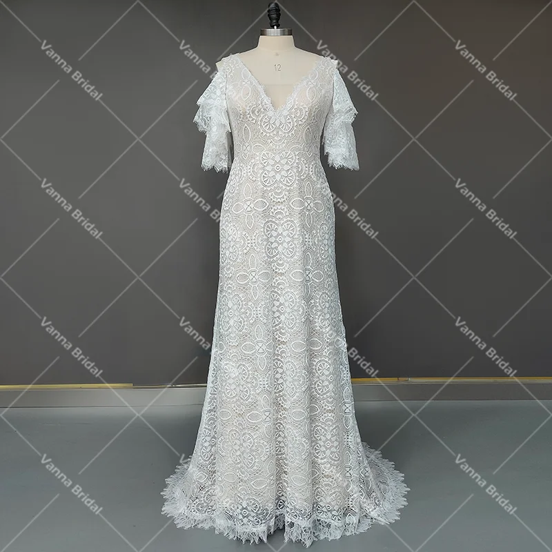 Short Flutter Sleeves Lace Sheath Wedding Dress Backless Customized Plus Size Open Back Sweep Train Rustic V Neck Bride Gown