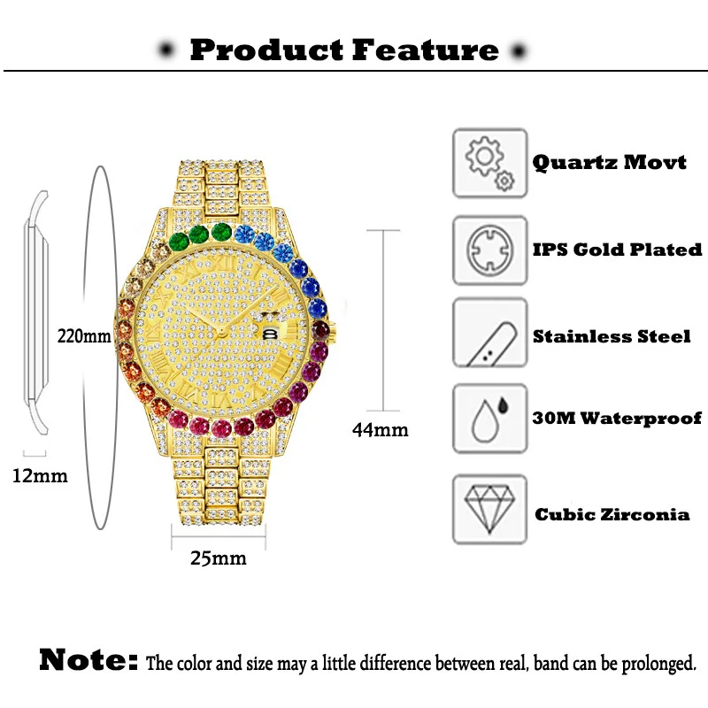 Hip Hop Mens Watches Luxury Date Quartz Wrist Waterproof Watches Multicolor CZ Stone Stainless Steel Watch for Men Charm Jewelry